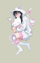  1girl absurdres alternate_costume animal_ear_hood animal_ears black_hair blush braid cat_ears cat_tail closed_mouth commentary fake_tail firstdayiyui glasses green_background hanekawa_tsubasa heart hello_kitty hello_kitty_(character) highres hood hooded_pajamas hugging_doll hugging_object long_hair long_sleeves looking_at_viewer lying monogatari_(series) on_side pajamas pink-framed_eyewear pink_shorts sanrio shorts simple_background solo tail thigh-highs twin_braids violet_eyes white_pajamas white_thighhighs 