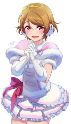  1girl absurdres blush bow bow_hairband breasts brown_hair capelet collared_shirt dress earmuffs frilled_dress frills fur-trimmed_capelet fur-trimmed_dress fur-trimmed_gloves fur_trim gloves hair_between_eyes hairband highres interlocked_fingers koizumi_hanayo layered_dress looking_at_viewer love_live! love_live!_school_idol_project medium_breasts open_mouth own_hands_clasped own_hands_together pink_capelet raised_eyebrows shirt short_dress short_hair simple_background smile snow_halation solo swept_bangs under-elbow_gloves violet_eyes waist_bow white_background white_dress white_gloves yatoroku yellow_hairband 