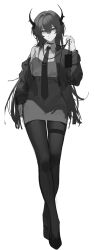  1girl absurdres alternate_costume arknights collared_shirt crossed_bangs crossed_legs dress_shirt full_body greyscale hair_between_eyes hair_intakes high-waist_skirt highres holding_lanyard horns id_card jacket lanyard lapels long_hair looking_at_viewer missing_commentary monochrome necktie notched_lapels open_clothes open_jacket pantyhose pencil_skirt savoikuz shirt simple_background single_off_shoulder skirt slit_pupils solo standing suit_jacket surtr_(arknights) thighband_pantyhose tie_clip watson_cross 