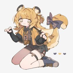  1girl :3 animal_ear_fluff animal_ears arched_bangs black_gloves black_shorts blue_bow blue_shoes blush bow brown_hair claw_pose closed_mouth collared_shirt colored_inner_hair cropped_jacket elbow_gloves fingerless_gloves gloves green_eyes grey_shirt hair_intakes half_updo hands_up heart high-waist_shorts jacket ju_fufu looking_at_viewer multicolored_hair nodori710 open_clothes open_jacket orange_hair orange_jacket seiza shirt shoes short_shorts short_sleeves shorts sidelocks simple_background sitting smile socks solo striped_hair tail tail_bow tail_ornament thigh_strap tiger_ears tiger_girl tiger_tail white_background white_hair wing_collar zenless_zone_zero 