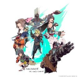  3girls 6+boys absurdres aerith_gainsborough arm_cannon barret_wallace buster_sword cait_sith's_moogle cait_sith_(ff7) cid_highwind cloud_strife commentary dark-skinned_male dark_skin english_commentary fighting_stance final_fantasy final_fantasy_vii final_fantasy_vii:_ever_crisis fujise_lisa gatling_gun highres holding holding_polearm holding_sword holding_weapon multiple_boys multiple_girls official_art outstretched_arm polearm red_fur red_hair red_xiii spear suspenders sword tifa_lockhart vincent_valentine weapon yuffie_kisaragi zack_fair 
