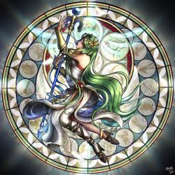  1girl amazon_pandora amyroser centurion_(kid_icarus) closed_eyes commentary dive_to_the_heart dyntos english_commentary full_body green_hair high_heels highres holding holding_staff kid_icarus kid_icarus_uprising kingdom_hearts long_hair medusa_(kid_icarus) palutena palutena_blade_(kid_icarus) palutena_bow_(kid_icarus) pandora_(kid_icarus) phosphora pit_(kid_icarus) poseidon_(kid_icarus) pyrrhon single_thighhigh sparkle staff super_smash_bros. thanatos_(kid_icarus) thigh-highs three_sacred_treasures_(kid_icarus) very_long_hair white_thighhighs 