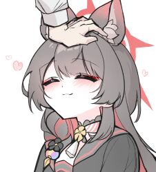  1boy 1girl absurdres animal_ear_fluff animal_ears black_sailor_collar black_shirt blue_archive blush brown_hair choker closed_eyes closed_mouth colored_inner_hair commentary eyeshadow fox_ears fox_girl halo headpat heart highres long_hair makeup multicolored_hair neh_neng_neh out_of_frame portrait red_eyeshadow red_hair red_halo sailor_collar shirt simple_background smile solo_focus two-tone_hair variant_set wakamo_(blue_archive) white_background 