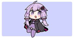  1girl :d ahoge black_jacket blue_background blush_stickers border bright_pupils chibi chibi_only double-parted_bangs dress full_body hair_between_eyes hair_ornament hood hood_down hooded_jacket ini_(inunabe00) jacket long_sleeves looking_at_viewer no_shoes open_clothes open_jacket open_mouth outline outside_border purple_dress purple_hair purple_thighhighs short_hair_with_long_locks sidelocks simple_background sleeves_past_fingers sleeves_past_wrists smile solo standing standing_on_one_leg thigh-highs vocaloid voiceroid white_border white_outline white_pupils yuzuki_yukari 