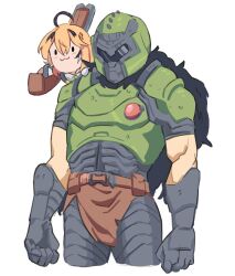  addendium armor black_fur blonde_hair blue_overalls chibi dooby doom_(series) doomguy gauntlets green_neckerchief grin gun hand_on_another's_shoulder helmet indie_virtual_youtuber multicolored_hair neckerchief overalls short_hair shotgun smile streaked_hair weapon whistle 