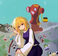 1girl blonde_hair brown_hat chalk closed_mouth commentary_request eye_on_hat fire_hydrant hair_ribbon hand_on_own_knee hat highres himekaidou_hatate holding holding_chalk hose i_love_suwako inubashiri_momiji kawashiro_nitori kochiya_sanae long_sleeves magikarp medium_hair moriya_suwako purple_skirt purple_vest red_ribbon ribbon shameimaru_aya shirt sidelocks skirt skirt_set smile solo touhou tress_ribbon unworn_headwear vest white_shirt wide_sleeves yellow_eyes 