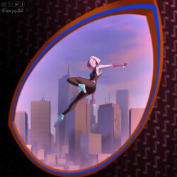  1boy 1girl aqua_shoes artist_name avyc02 black_bodysuit bodysuit breasts cityscape commentary dynamic_pose english_commentary eye_focus eye_reflection full_body head_only highres hood hood_up knee_up legs_apart looking_at_another marvel midair miles_morales multicolored_bodysuit new_york_city outdoors outstretched_arms reflection reflection_focus shoes small_breasts solid_eyes spider-gwen spider-man:_into_the_spider-verse spider-man_(series) spider-verse spider_web_print spread_arms superhero_costume white_sleeves 