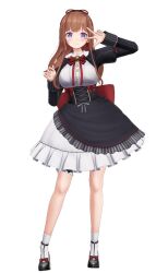  .live 1girl 3d back_bow black_dress black_shoes blue_eyes blush bow bowtie breasts brown_hair buttons closed_mouth commentary_request cross-laced_clothes cross-laced_dress cross-shaped_pupils dress dress_bow framed_breasts frilled_dress frills full_body hair_bow highres juliet_sleeves kakyouin_chieri knees large_breasts layered_dress long_hair long_sleeves mary_janes official_art pink_pupils ponpu-chou puffy_sleeves red_bow red_bowtie second-party_source shoes simple_background smile socks symbol-shaped_pupils v v_over_eye virtual_youtuber white_background white_socks 