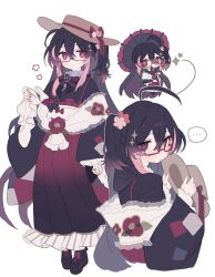  1girl absurdres ahoge black_hair black_kimono bow bowtie collar commentary_request commission frilled_collar frills full_body gradient_hair hair_between_eyes hat highres holding holding_unworn_clothes holding_unworn_hat japanese_clothes kimono lace-trimmed_shawl long_hair multicolored_hair napenasupe original pink_eyes pink_hair platform_shoes red-framed_eyewear shawl shoes side_ponytail solo star-shaped_pupils star_(symbol) symbol-shaped_pupils unworn_hat unworn_headwear white_background white_shawl 