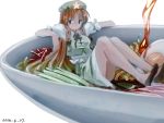  1girl blue_eyes bowl braid chabi_(amedama) dated egg food hat hong_meiling long_hair minigirl noodles redhead solo soup touhou twin_braids 