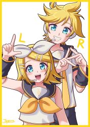  1boy 1girl absurdres arm_up bass_clef black_sailor_collar black_shorts blonde_hair blue_eyes bow breasts brother_and_sister detached_sleeves grin hair_bow hair_ornament hairclip headphones headset highres jagure111 kagamine_len kagamine_rin looking_at_viewer neckerchief necktie open_mouth parallel_hairclips ponytail sailor_collar shirt short_hair short_ponytail shorts siblings simple_background sleeveless sleeveless_shirt small_breasts smile teeth treble_clef upper_body upper_teeth_only vocaloid white_background white_bow white_shirt yellow_neckerchief yellow_necktie yellow_trim 