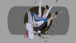  2girls ange_katrina ange_katrina_(1st_costume) angel angel_wings ankle_boots asymmetrical_wings black_boots black_coat boots coat commentary_request dated falling falling_feathers feathers frilled_skirt frills grey_background grey_feathers grey_skirt grey_wings hair_intakes halo highres hug knee_boots kuujou_haru layered_skirt lize_helesta lize_helesta_(1st_costume) long_hair long_sleeves miniskirt multiple_girls muted_colors nijisanji red_hair skirt traditional_halo upside-down virtual_youtuber white_boots white_hair white_skirt white_wings wings yellow_halo 