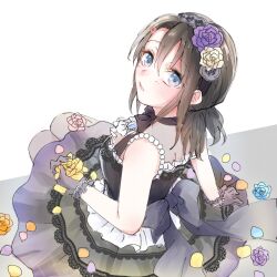  1girl bang_dream! bang_dream!_girls_band_party! bare_shoulders black_dress blue_eyes blue_flower blue_rose commentary_request dress flower frilled_dress frilled_gloves frills gloves grey_gloves grey_pantyhose hair_flower hair_ornament highres holding holding_flower lace-trimmed_dress lace_trim looking_at_viewer okusawa_misaki orange_flower orange_rose pantyhose purple_flower purple_rose rose sleeveless sleeveless_dress solo succhii_(pikaru) white_flower white_rose yellow_flower yellow_rose 