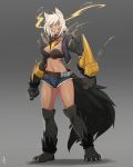  1girl absurdres animal_ears belt black_sclera blazblue breasts bullet_(blazblue) claws collar denim denim_shorts dog_ears dog_paws dog_tail fangs full_body fur fusion grey_background grin hellhound highres less monster_girl_encyclopedia navel paws scar shadow short_shorts shorts signature smile solo spiked_collar spikes standing tail vest white_hair yellow_eyes 