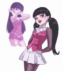  1girl alternate_hair_color black_hair blunt_bangs breasts brown_pantyhose brown_sleeves commentary cowboy_shot draculaura earrings english_commentary facial_mark fangs hair_down hair_tie heart heart_facial_mark highres jewelry long_eyelashes long_hair mistyxxart monster_high multiple_views narrow_waist pajamas pantyhose petite pink_pajamas pink_shirt polka_dot polka_dot_shirt purple_lips see-through_clothes see-through_sleeves shirt simple_background slim_legs small_breasts twintails vampire very_long_hair violet_eyes white_background white_shirt 
