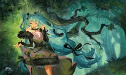  1girl absurdres aqua_hair artist_name bare_shoulders black_bow black_ribbon bow bridal_gauntlets closed_eyes dress english_commentary forest hair_ribbon hatsune_miku highres juangeedraws long_hair nature outdoors ribbon signature solo tree twintails very_long_hair vocaloid 