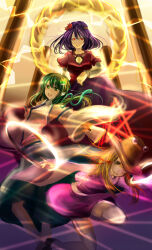  3girls blonde_hair commentary_request eye_on_hat frog green_eyes green_hair hair_ornament kochiya_sanae long_sleeves mayuraguri moriya_suwako multiple_girls purple_hair red_eyes shirt skirt snake thigh-highs touhou yasaka_kanako yellow_eyes 