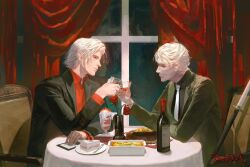  2boys bandages bottle brothers commentary cup dante_(devil_may_cry) dating devil_may_cry_(series) dinner drinking_glass english_commentary flower food highres male_focus multiple_boys red_flower red_rose rose rotzeichen siblings table twins vergil_(devil_may_cry) white_hair window wine_bottle wine_glass 