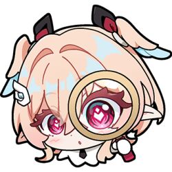  1girl chibi chibi_only genshin_impact hair_between_eyes hair_ornament hairclip holding linnea_(genshin_impact) looking_at_viewer lowres magnifying_glass official_art open_mouth pink_hair pointy_ears red_eyes solo transparent_background twintails 