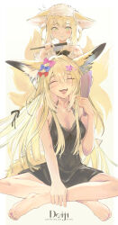  2girls ^_^ absurdres animal_ear_fluff animal_ears arknights artist_name barefoot black_nightgown blonde_hair blue_bow bow closed_eyes commentary_request deiji_7531 facing_viewer fox_ears fox_girl green_eyes hair_bow hair_brush hair_ornament hair_rings halterneck highres holding holding_hair_brush indian_style kitsune kyuubi looking_at_viewer mother_and_child mother_and_daughter multiple_girls multiple_hair_bows multiple_tails nightgown parent_and_child pink_bow red_bow scar scar_on_face sitting star_(symbol) star_hair_ornament suzuran_(arknights) tail vulpisfoglia_(arknights) 