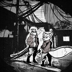  2boys animal_ears artist_name beak bird_boy black_boots boots cigarette english_commentary falco_lombardi faux_traditional_media fingerless_gloves fox_boy fox_ears fox_mccloud furry gloves greyscale hands_in_pockets highres holding holding_cigarette jacket monochrome multiple_boys power_lines ryan_storm signature smoking star_fox tail urban utility_pole 