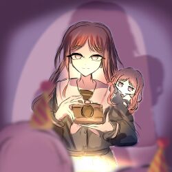  3girls absurdres bang_dream! bang_dream!_it's_mygo!!!!! blurry brown_hair camera chihaya_anon commentary_request depth_of_field dual_persona highres holding holding_camera jo8blhrvkta6duw long_hair mini_person multiple_girls nagasaki_soyo school_uniform shadow tsukinomori_school_uniform 