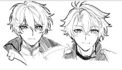  2boys ahoge collar collarbone commentary_request fluffy_hair highres honkai:_star_rail honkai_(series) honkai_impact_3rd kevin_kaslana kusattammmm looking_at_viewer male_focus multiple_boys neck_tattoo phainon_(honkai:_star_rail) serious short_hair smile tattoo upper_body white_background 