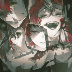  6+girls absurdres album_cover animal_ear_fluff animal_ears bandaid bandaid_on_face black_hair black_streaks broken_glass broken_mirror closed_eyes cover dino_(dinoartforame) double-parted_bangs english_commentary eyebrow_piercing face_piercing freckles frown glass hair_between_eyes hakos_baelz head_only highres hololive hololive_english looking_at_viewer looking_to_the_side mirror multicolored_hair multiple_girls multiple_persona official_alternate_costume official_alternate_eye_color official_art open_mouth piercing red_hair smile streaked_hair teeth virtual_youtuber white_hair yellow_eyes 