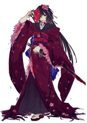 1girl absurdres blood blood_on_hand cherry_blossom_(e.g.o) cherry_blossoms e.g.o_(project_moon) hair_ornament hand_fan highres holding holding_fan holding_sword holding_weapon japanese_clothes kdr93 kimono limbus_company long_hair looking_at_viewer pink_kimono project_moon red_eyes ryoshu_(project_moon) sandals solo standing standing_on_one_leg sword weapon white_background 