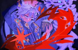  1boy absurdres ahoge arm_up ascot aura blue_gem book bright_pupils buttons cape closed_mouth collared_jacket collared_shirt colored_skin commentary dark_aura english_commentary gem genshin_impact hair_between_eyes hand_up high_collar highres hoiyuu holding holding_book holding_quill jacket jewelry lapels long_sleeves looking_at_viewer male_focus mitya_(genshin_impact) open_book open_clothes open_jacket orange_gem pendant pink_skin purple_cape purple_hair purple_jacket purple_vest quill shadow shirt short_hair solo spotlight tassel upper_body vest violet_eyes wavy_hair white_ascot white_pupils white_shirt 