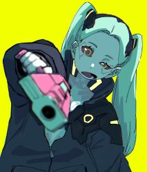 1girl aiming aiming_at_viewer aqua_hair black_jacket blue_skin blurry cd_projekt_red colored_sclera colored_skin cyberpunk:_edgerunners cyberpunk:_edgerunners_1 cyberpunk_(series) cyborg depth_of_field green_eyes gun highres holding holding_gun holding_weapon jacket loli looking_at_viewer oakaki000 open_mouth partially_unzipped rebecca_(cyberpunk) red_sclera simple_background solo twintails uneven_eyes weapon yellow_background zipper_pull_tab