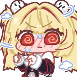  1girl :< @_@ bare_shoulders black_shirt blonde_hair blush chibi chibi_only claret_flint closed_mouth commentary_request detached_sleeves hair_ornament hair_ribbon heartmove93 long_hair lowres red_eyes red_ribbon ribbon shirt simple_background solo sphere_hair_ornament twintails upper_body white_background zenless_zone_zero 