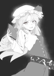 1girl absurdres belt bluerhozu collared_shirt commentary_request dress greyscale hand_fan hat hat_ribbon highres holding holding_fan long_hair long_sleeves looking_at_viewer loose_belt mob_cap monochrome open_mouth ribbon shirt single_strap smile solo touhou watatsuki_no_toyohime 