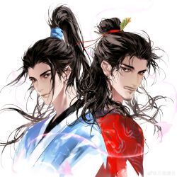  2boys absurdres all_wishes_come_true! back-to-back black_eyes black_hair blue_hanfu brown_eyes chinese_clothes chinese_commentary closed_mouth coat commentary_request facial_hair flame_print floating_hair hair_bun hair_ornament hair_ribbon half_updo hanfu high_ponytail highres implied_yaoi leaf_hair_ornament long_hair looking_at_viewer lv_dongbin_(all_wishes_come_true!) male_focus multiple_boys mustache mustache_stubble ponytail print_robe red_coat red_ribbon ribbon robe sidelocks simple_background single_hair_bun smile string string_of_fate stubble topknot upper_body watermark weibo_watermark white_background xiaowangba488 zhongli_quan_(all_wishes_come_true!) 