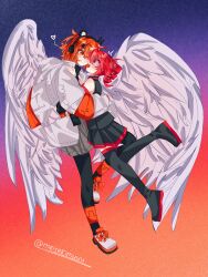  2girls a.i._voice absurdres adachi_rei black_boots black_pantyhose boots closed_mouth commentary drill_hair face-to-face feathered_wings full_body gradient_background grey_skirt highres hug jacket kasane_teto kasane_teto_(utau) looking_at_another miniskirt multiple_girls open_mouth orange_eyes orange_hair pantyhose red_eyes red_hair shoes skirt smile sneakers thigh_boots twin_drills untranslatable_commentary utau white_jacket white_shoes white_wings wings yume_(meisekimuuu) yuri 