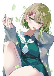  1girl absurdres belt brown_belt cardigan commentary eating falling_leaves green_eyes green_hair green_nails green_serafuku grey_cardigan hair_ornament hairclip hand_on_own_neck highres knee_up leaf long_sleeves looking_at_viewer marcey open_cardigan open_clothes original parallel_hairclips sailor_collar school_uniform serafuku simple_background sitting solo untranslatable_commentary white_background white_sailor_collar 