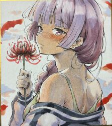  1girl absurdres blunt_bangs blunt_sidelocks blush bocchi_the_rock! braid breasts clouds day disheveled dress flower from_behind goumonsha green_dress hair_over_shoulder highres hiroi_kikuri holding holding_flower jacket jacket_partially_removed looking_at_viewer looking_back loose_hair_strand off_shoulder outdoors purple_hair shoulder_blades sidelocks single_braid small_breasts solo spaghetti_strap spider_lily strap_slip track_jacket traditional_media upper_body violet_eyes 