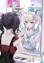  2girls ame-chan_(needy_girl_overdose) applying_makeup applying_own_makeup black_hair black_skirt blonde_hair blue_eyes bow charmainec12248 chest_bow chouzetsusaikawa_tenshi-chan commentary_request compact_(cosmetics) cosmetics dual_persona frilled_sleeves frills from_behind grey_eyes grey_shirt grey_skirt hair_bow hair_intakes hair_tie heterochromia highres lipstick_tube lone_nape_hair long_hair long_sleeves looking_at_mirror makeup makeup_brush medium_hair mirror multicolored_hair multiple_girls multiple_hair_bows nape needy_girl_overdose overall_skirt pill pink_nails pleated_skirt poster_(object) red_shirt reflection sailor_collar sailor_shirt school_uniform serafuku shirt short_sleeves sidelocks skirt twintails wall_mirror yellow_bow 