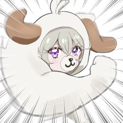  1girl animal_costume attack attacking_viewer commentary_request dog_costume grey_hair hair_intakes hood imminent_attack isakuns long_hair looking_at_viewer meitantei_precure! moria_luluka muscular_arms precure tackle upper_body violet_eyes 