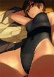  1girl black_eyes black_hair clothes_removed competition_swimsuit lvi lying one-piece_swimsuit original short_hair swimsuit 