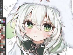  1girl anko_(kimt140n) art_program_in_frame close-up commentary_request cross-shaped_pupils fur_hat genshin_impact green_eyes green_hair hair_between_eyes hat highres looking_at_viewer multicolored_hair nahida_(genshin_impact) nahida_(nord_express)_(genshin_impact) official_alternate_costume parted_lips pointy_ears portrait simple_background solo streaked_hair symbol-shaped_pupils twitter_username white_background white_hair white_hat 