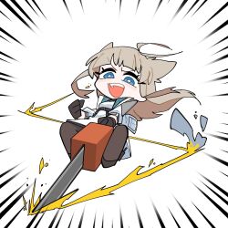 1girl animal_ears arknights arknights:_endfield bird_ears bird_girl black_gloves black_pantyhose black_shoes blue_eyes bright_pupils brown_hair chainsaw clenched_hand commentary_request dress fortnite gloves highres holding holding_chainsaw jacket korean_commentary long_hair open_clothes open_jacket open_mouth pantyhose perlica_(arknights) shoes solo teeny_(nonzone) teeth upper_teeth_only white_dress white_jacket white_pupils 