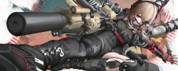  1girl abstract_background absurdres aiming android assault_rifle battle_damage black_bodysuit blonde_hair bodysuit boots border commentary_request flashlight girls_frontline gun headphones highres holding holding_gun holding_weapon jacket knee_pads laces laser_sight looking_at_viewer m4_carbine m4_sopmod_ii_(girls'_frontline) mask mechanical_arms mouth_mask multicolored_hair ning371 open_clothes open_jacket oxygen_tank pouch red_eyes red_streaks rifle scope single_knee_pad sliding solo streaked_hair suppressor thigh-highs weapon white_border 
