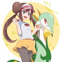 1girl :d blue_eyes border brown_hair character_name commentary_request donut_hair_bun double_bun food food_on_face grey_pantyhose hair_bun hand_up highres hiryoou holding holding_ice_cream_cone ice_cream ice_cream_cone long_hair open_mouth pantyhose pantyhose_under_shorts poke_ball_print pokemon pokemon_(creature) pokemon_black_2_and_white_2 raglan_sleeves rosa_(pokemon) round_border serperior shirt shorts sidelocks smile twintails very_long_hair visor_cap white_border white_shirt yellow_background yellow_shorts 