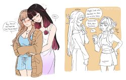  2girls black_hair blue_eyes blue_shirt blue_shorts blush brown_cardigan brown_hair cardigan closed_eyes columbina_(genshin_impact) commentary contemporary cup dashingicecream disposable_coffee_cup disposable_cup dress english_commentary english_text genshin_impact gradient_clothes gradient_dress hair_bun head_wings heart highres holding holding_cup hug hug_from_behind jewelry long_hair multicolored_hair multiple_girls necklace one_eye_closed parted_lips pencil_skirt purple_dress purple_streaks sandrone_(genshin_impact) shirt shorts skirt smile speech_bubble streaked_hair two-tone_background white_background white_dress wings yellow_background yuri 