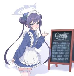  1girl :d absurdres alternate_costume apron black_hair blue_archive blue_jacket blush breasts butterfly_hair_ornament commentary cowboy_shot dollar_sign double_bun english_commentary english_text frilled_apron frills grey_eyes hair_bun hair_ornament halo hand_up highres jacket jersey_maid kisaki_(blue_archive) long_hair long_sleeves looking_at_viewer maid maid_apron maid_headdress open_mouth runarie sign simple_background skindentation small_breasts smile solo thigh-highs track_jacket track_suit twintails unconventional_maid waist_apron white_apron white_background white_headdress white_thighhighs 