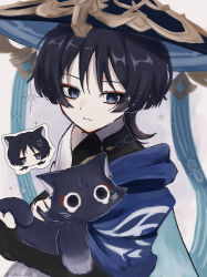  1boy absurdres anger_vein animal animal_ears animal_focus animalization artist_name black_eyes black_hair black_tank_top blue_cape blue_eyes blue_hat bridal_gauntlets cape cat cat_ears cat_tail closed_mouth commentary covered_collarbone eyeshadow genshin_impact gold_necklace gold_ring hair_between_eyes hat head_only highres holding holding_animal jellyfish_cut jewelry jingasa looking_at_viewer makeup male_focus mandarin_collar necklace open_clothes open_shirt person_and_animalization petting purple_fur red_eyeshadow scaramouche_(cat)_(genshin_impact) scaramouche_(genshin_impact) shirt short_hair short_sleeves simple_background sparkle tail tank_top tearing_up untranslatable_commentary upper_body wanderer_(genshin_impact) white_background white_shirt yukari_x0404 
