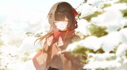  1girl absurdres blunt_bangs blurry blurry_foreground bow braid breath brown_hair brown_shirt brush_stroke closed_eyes day hair_bow hair_ornament heart heart_hair_ornament highres kji_(rozo) long_sleeves nature outdoors pine_tree red_bow red_scarf scarf scenery shirayuki_hina shirt side_braid smile snow standing stellive teeth tree upper_body virtual_youtuber winter winter_clothes 