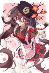  1girl ankle_socks apron black_hat boo_tao_(genshin_impact) border breasts brown_hair chinese_clothes commentary contrast_collar dress drinking_straw feet_out_of_frame floral_background floral_print flower flower-shaped_pupils food frilled_apron frills genshin_impact ghost gradient_background hand_on_own_knee hat hat_flower hat_ornament hat_ribbon highres holding holding_food hu_tao_(genshin_impact) knees_together_feet_apart leaning_forward long_hair looking_at_viewer modohwa outside_border parfait pink_apron pink_background pleated_dress plum_blossoms porkpie_hat red_dress red_eyes ribbon rounded_corners short_sleeves simple_background small_breasts smirk socks solo standing symbol-shaped_pupils twintails uneven_eyes very_long_hair white_background white_border wrist_cuffs 