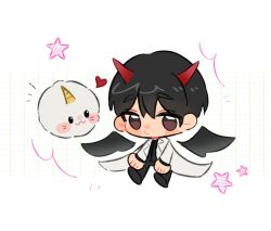  1boy 1other biyoo_(omniscient_reader's_viewpoint) black_hair black_wings chibi coat demon_horns demon_king_of_salvation flying full_body highres horns kim_dokja omniscient_reader's_viewpoint short_hair star_(symbol) white_background white_coat wings 